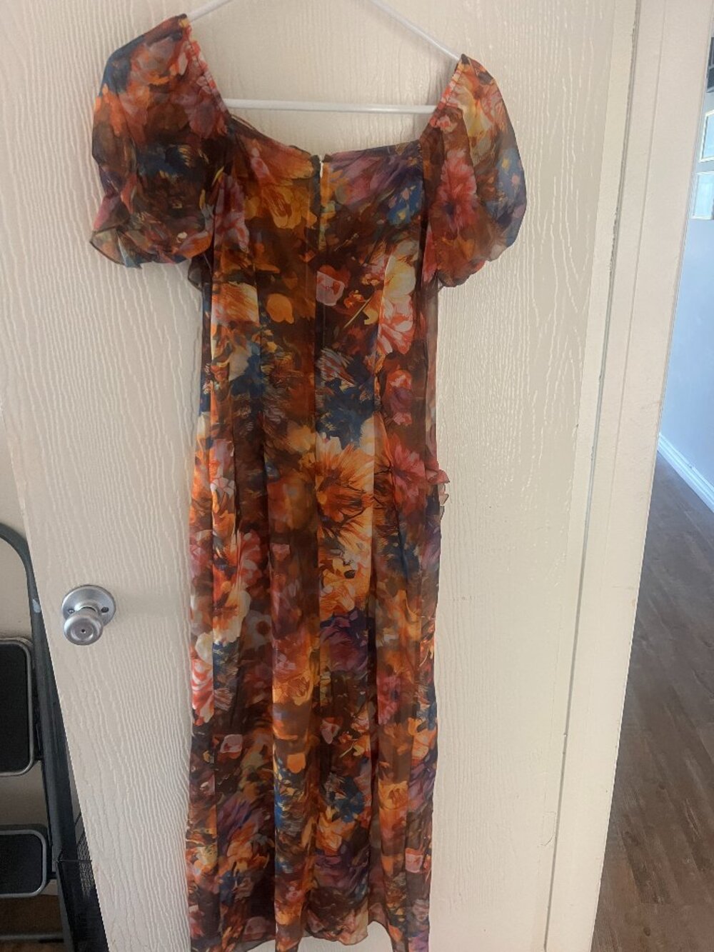 Ruffled Sleeve Ruched Slit Midi Dress